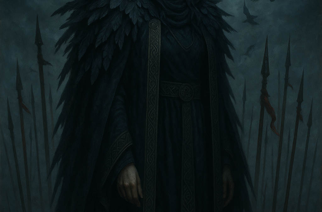 A battle goddess cloaked in raven feathers stands amid a misty battlefield strewn with bloodied spears. Her eyes are sharp and knowing, crows circling above, and storm-lit skies framing her veiled face. Dark robes edged with Celtic symbols hint at prophecy, death, and divine strength.